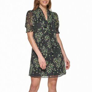 DKNY Floral-Print Tie-Neck Dress Ruffle Cuffs Sheer Chiffon Size 8